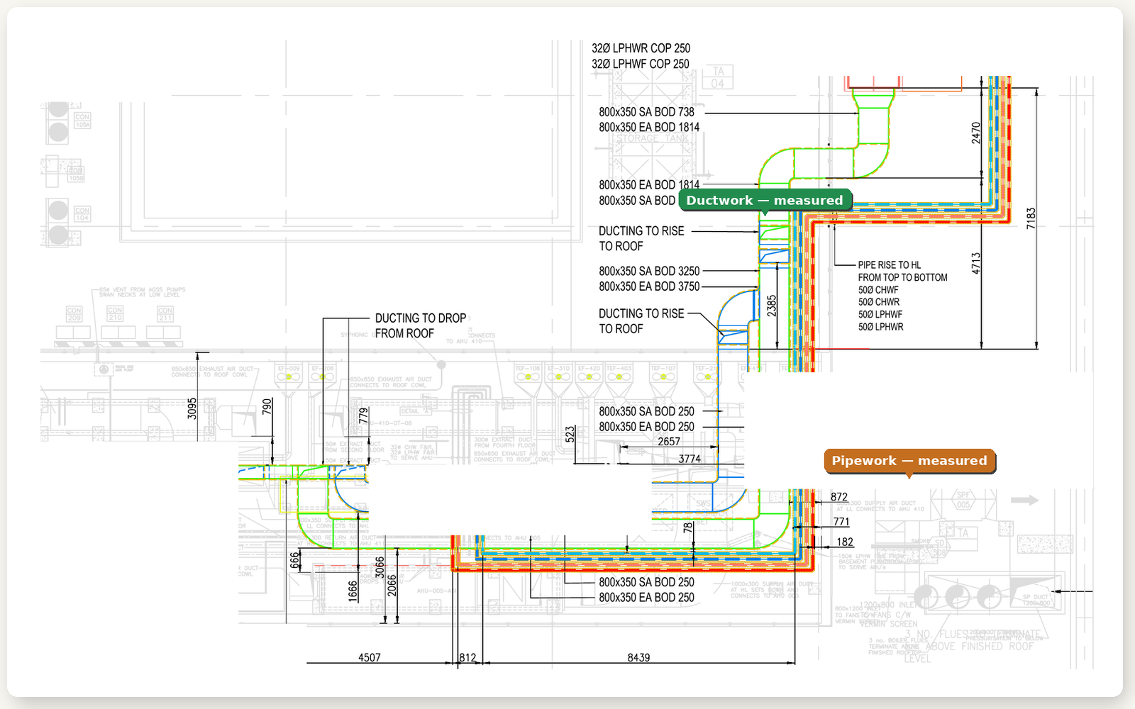 Example drawing with ductwork and pipework. Details removed. Not a customer's job.